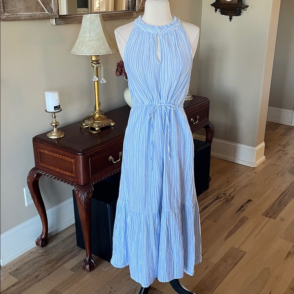 Midi Summer Dress Comfy Cinched Drawstring Waist with Pockets Blue Striped New - Picture 3 of 15